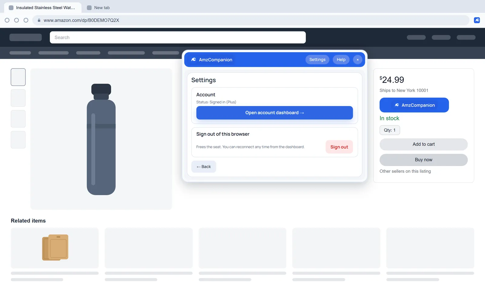 Settings: Your plan, the dashboard link and sign out.